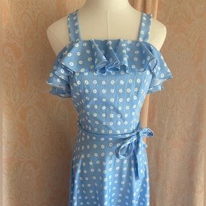 1970s vintage blue polyester maxi dress